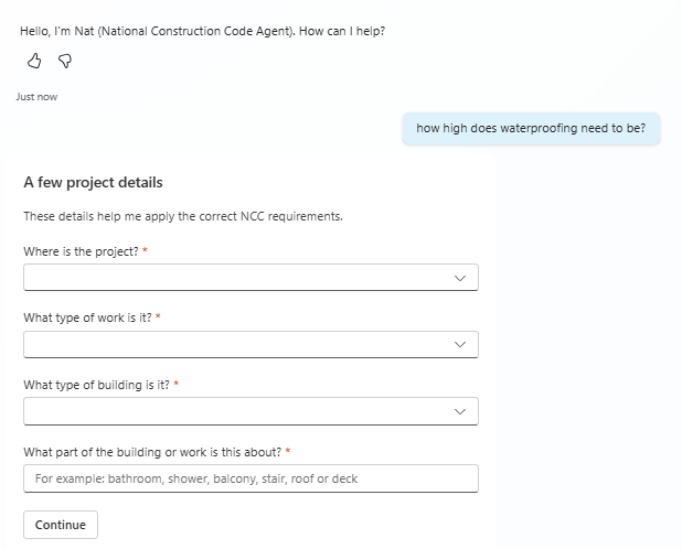 Nat greeting a user in Teams and receiving a plain-English question