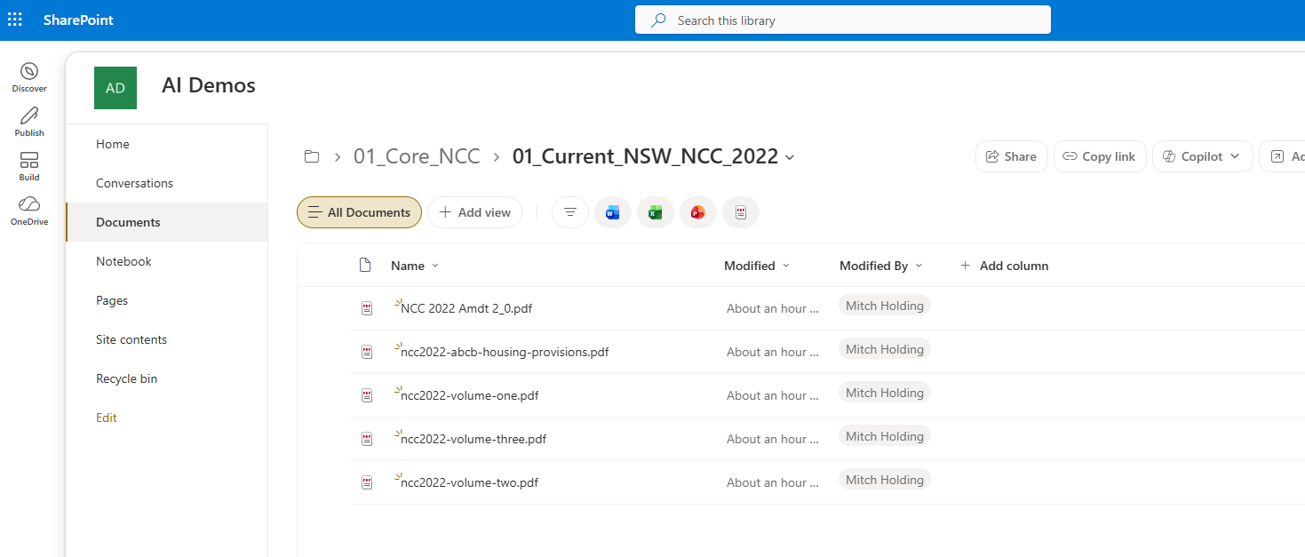 The curated NCC document library in SharePoint, organised and version-labelled